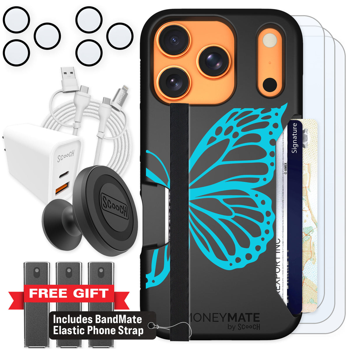 Scooch Moneymate Azure Butterfly for iPhone 17 Pro — Ultimate Bundle
