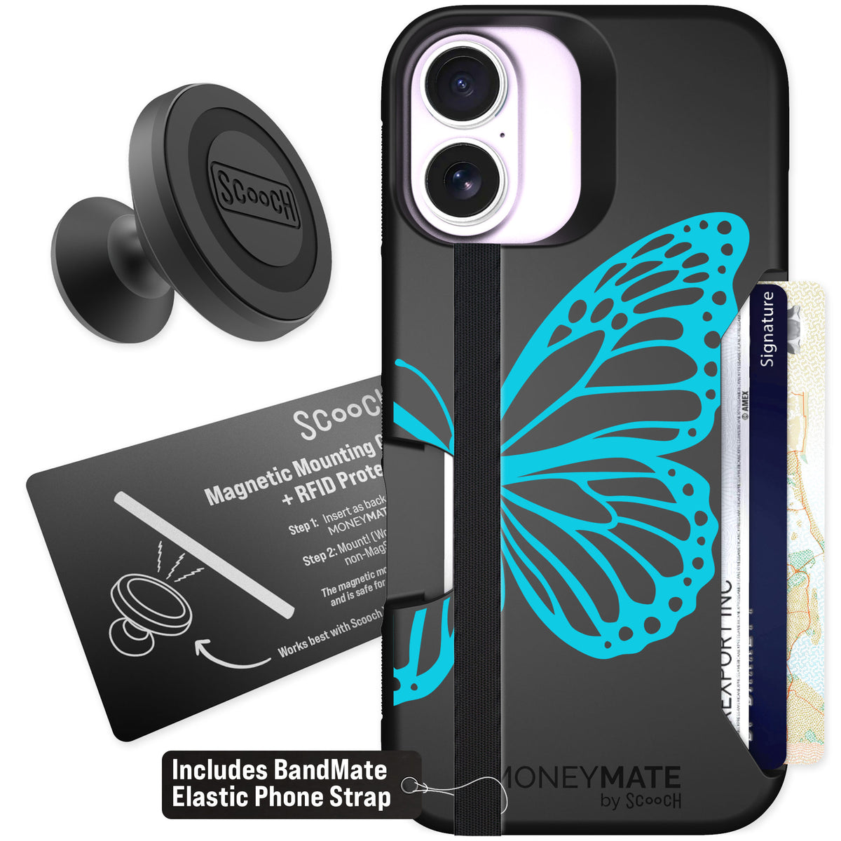 Scooch Moneymate Azure Butterfly for iPhone 17 — Starter Bundle