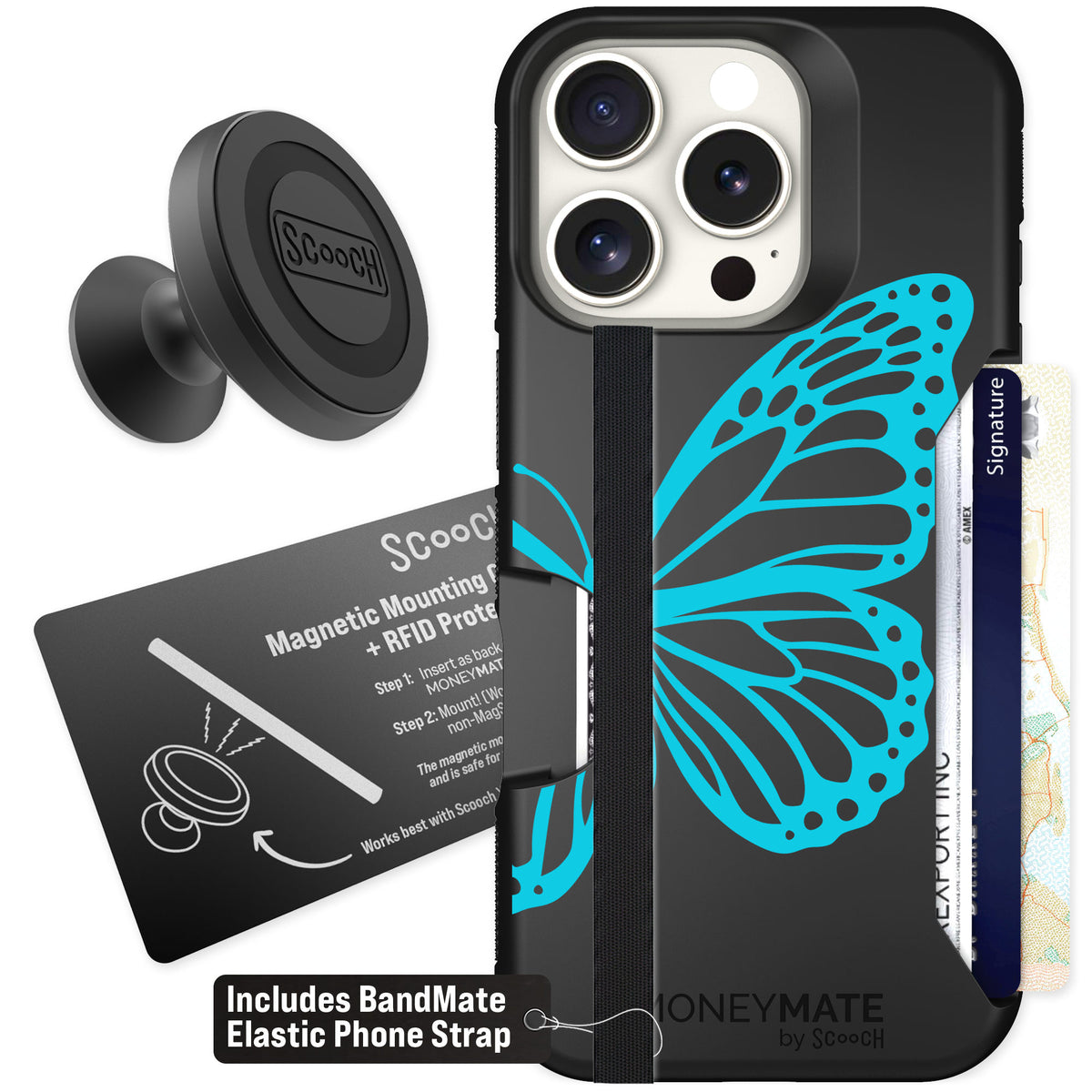 Scooch Moneymate Azure Butterfly for iPhone 16 Pro — Starter Bundle