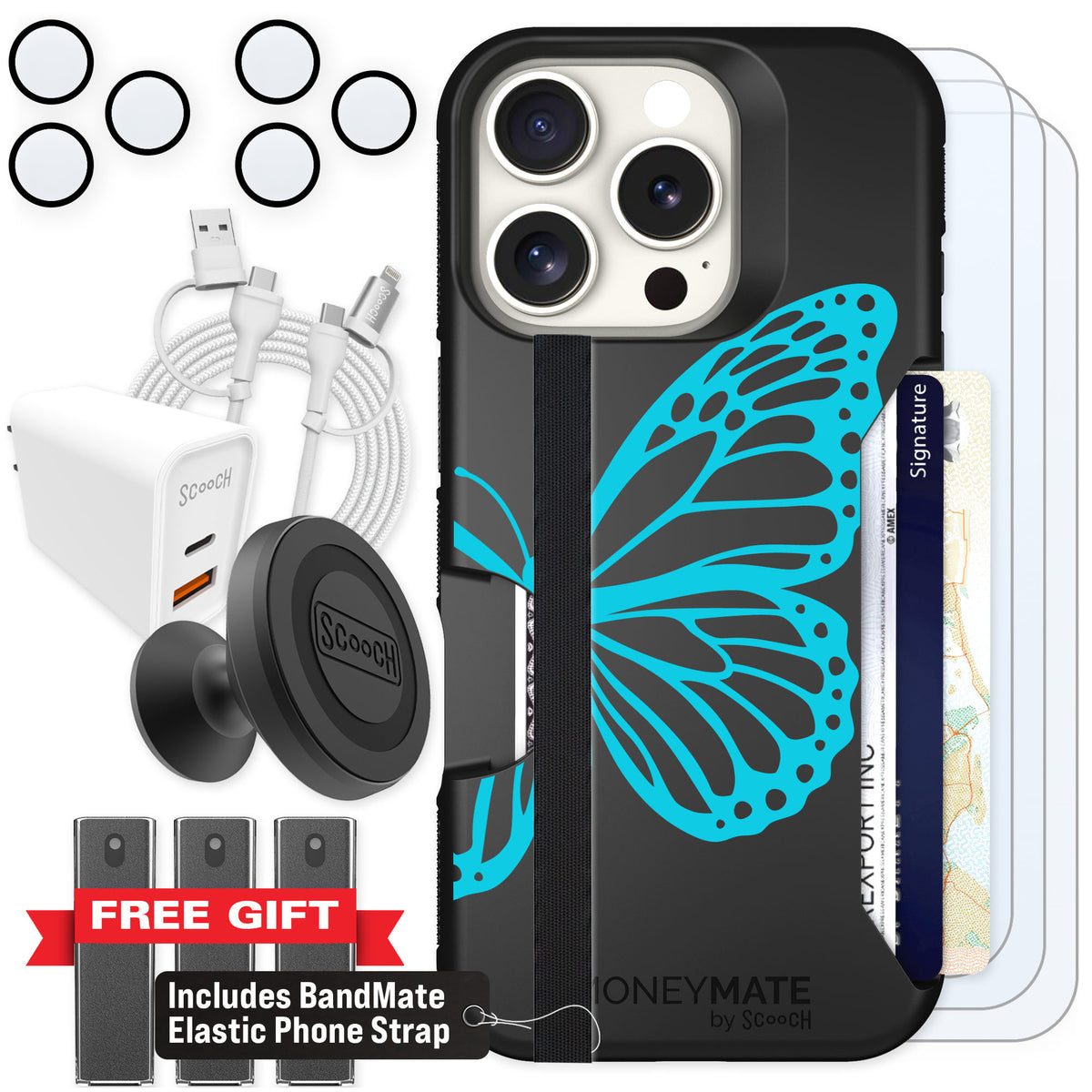 Scooch Moneymate Azure Butterfly for iPhone 16 Pro — Ultimate Bundle