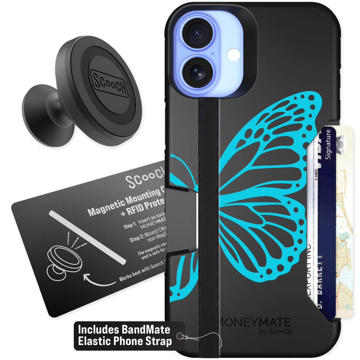 Scooch Moneymate Azure Butterfly for iPhone 16 Plus — Starter Bundle