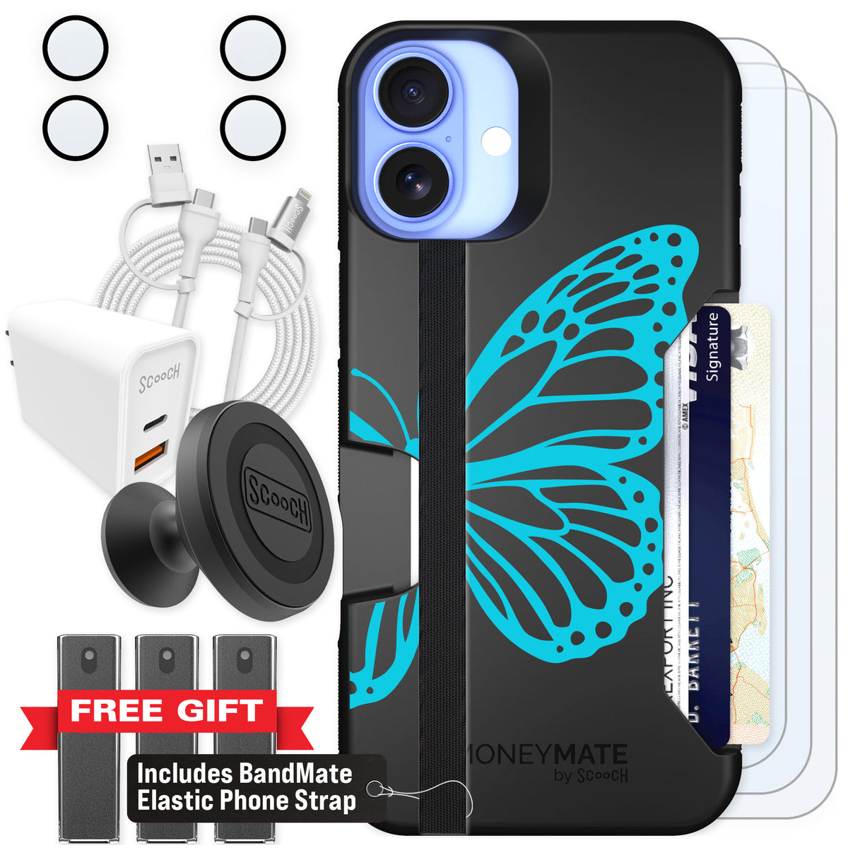 Scooch Moneymate Azure Butterfly for iPhone 16 Plus — Ultimate Bundle