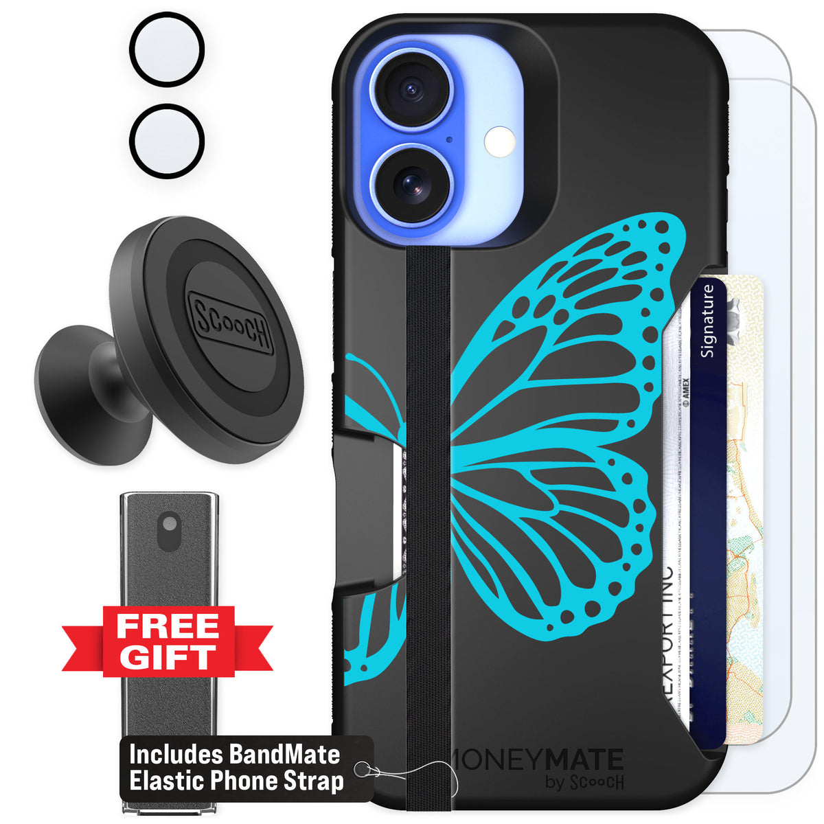 Scooch Moneymate Azure Butterfly for iPhone 16 — Defender Bundle