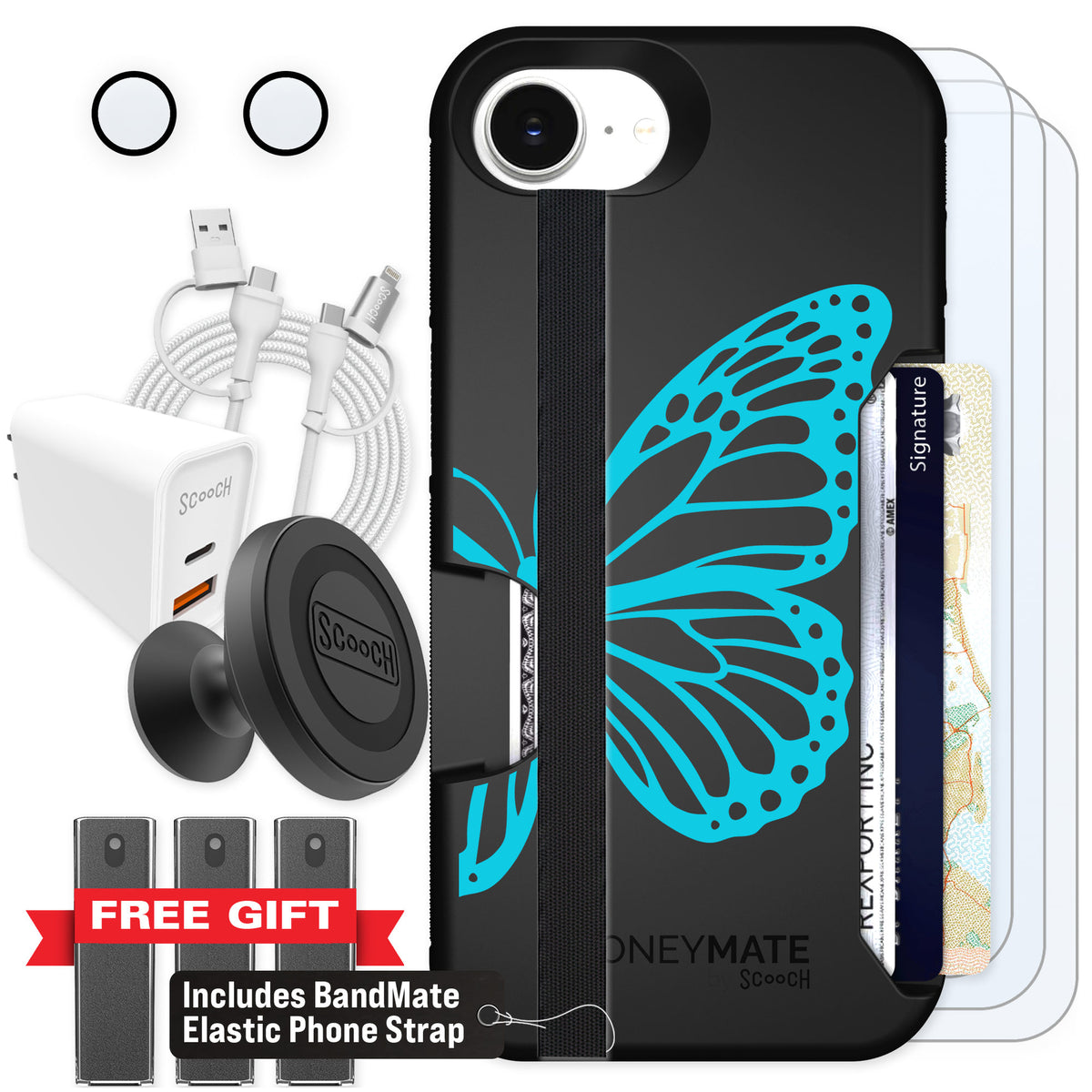 Scooch Moneymate Azure Butterfly for iPhone 16e — Ultimate Bundle