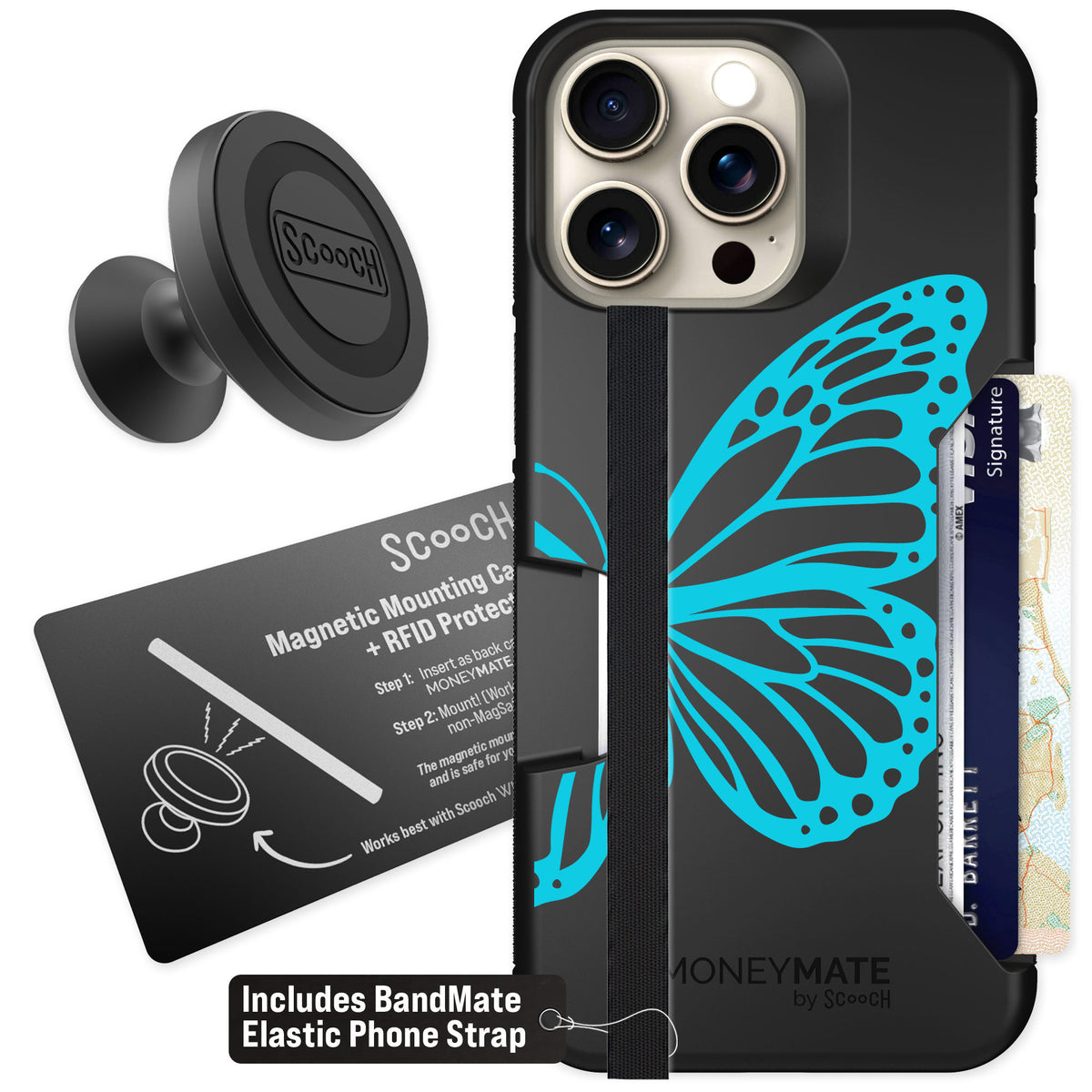 Scooch Moneymate Azure Butterfly for iPhone 15 Pro Max — Starter Bundle