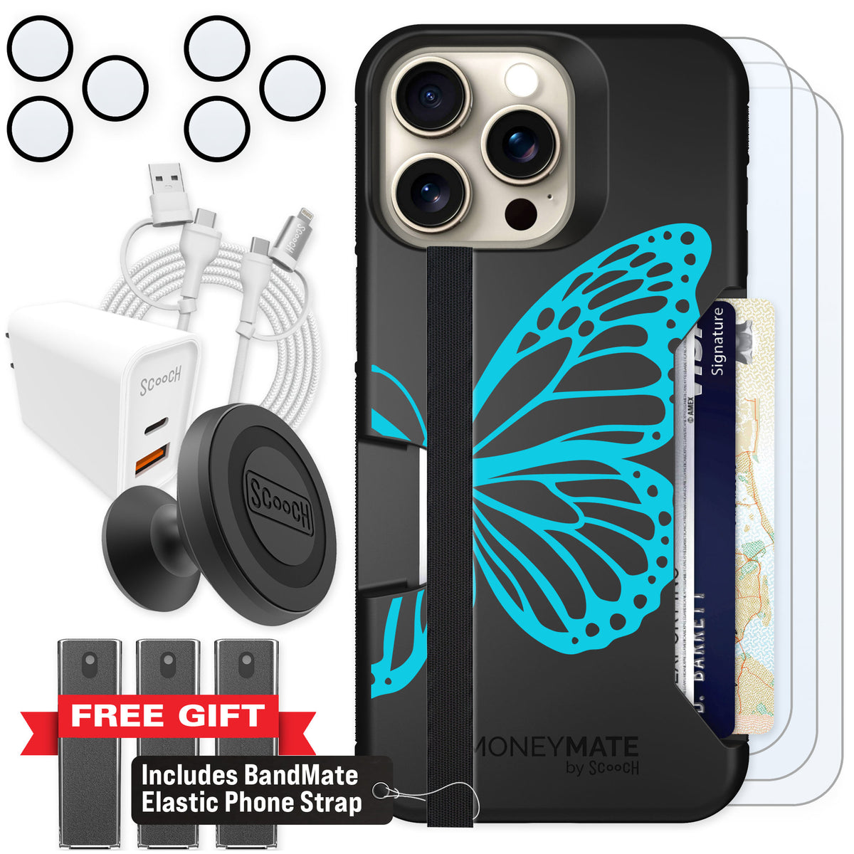 Scooch Moneymate Azure Butterfly for iPhone 15 Pro Max — Ultimate Bundle