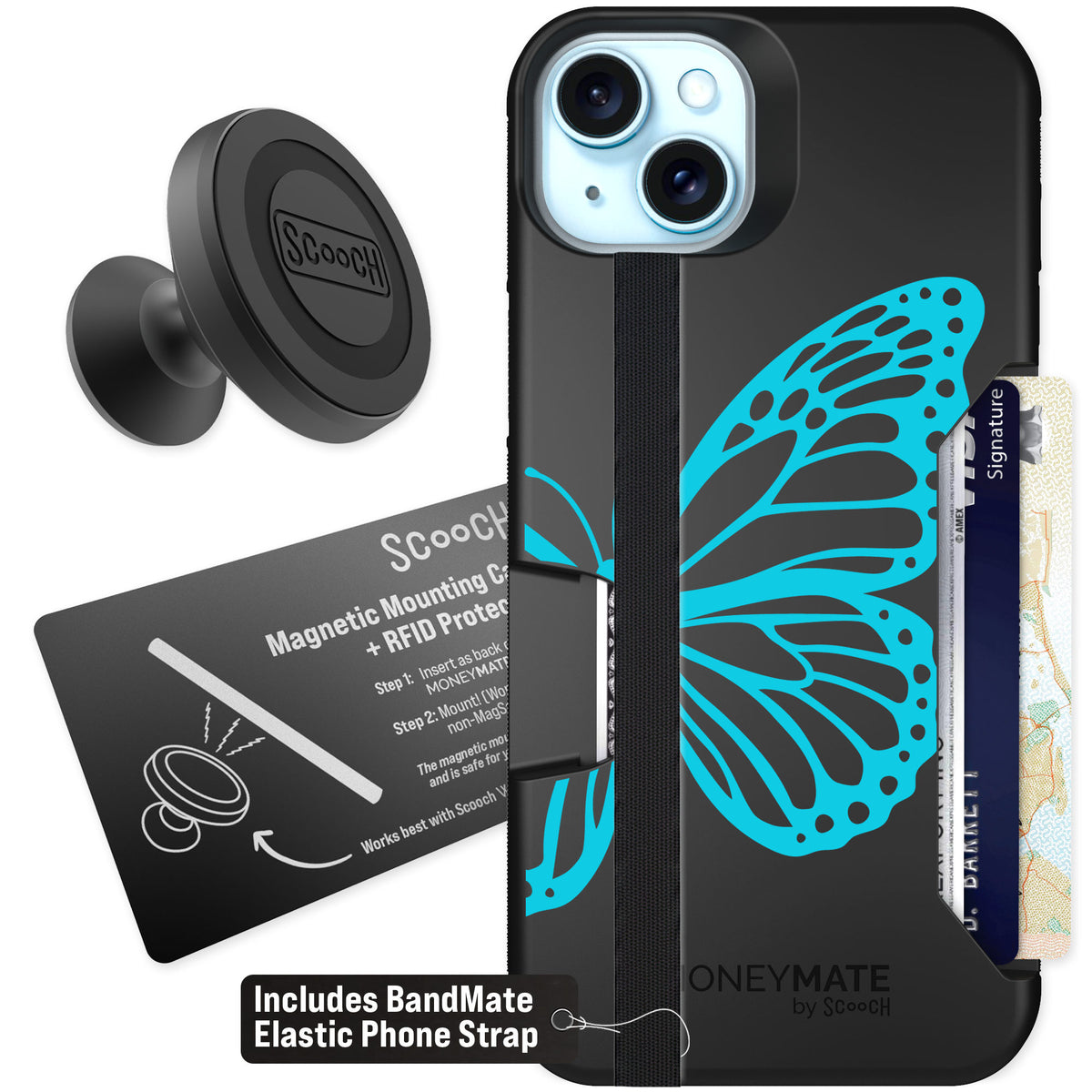 Scooch Moneymate Azure Butterfly for iPhone 14 Plus — Starter Bundle