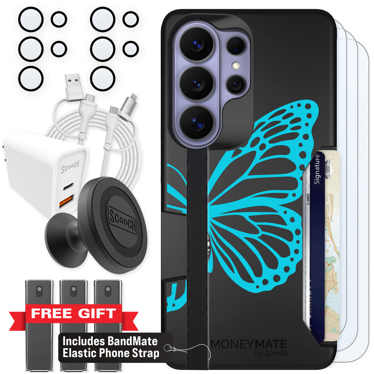 Scooch Moneymate Azure Butterfly for Galaxy S26 Ultra — Ultimate Bundle