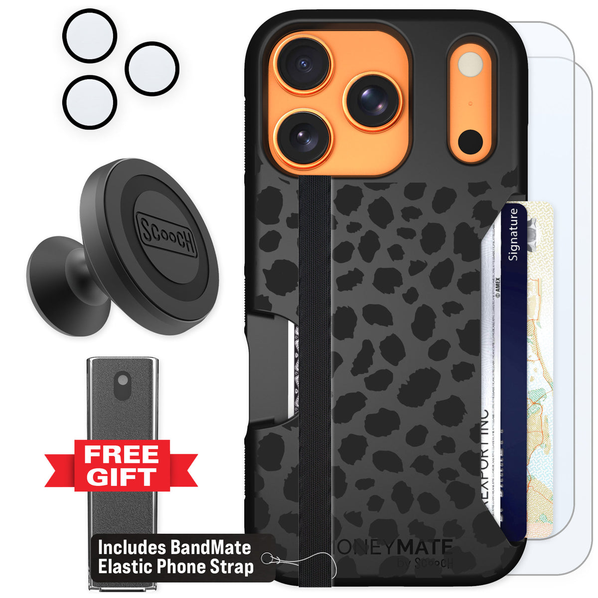 Scooch Moneymate Black Leopard for iPhone 17 Pro — Defender Bundle