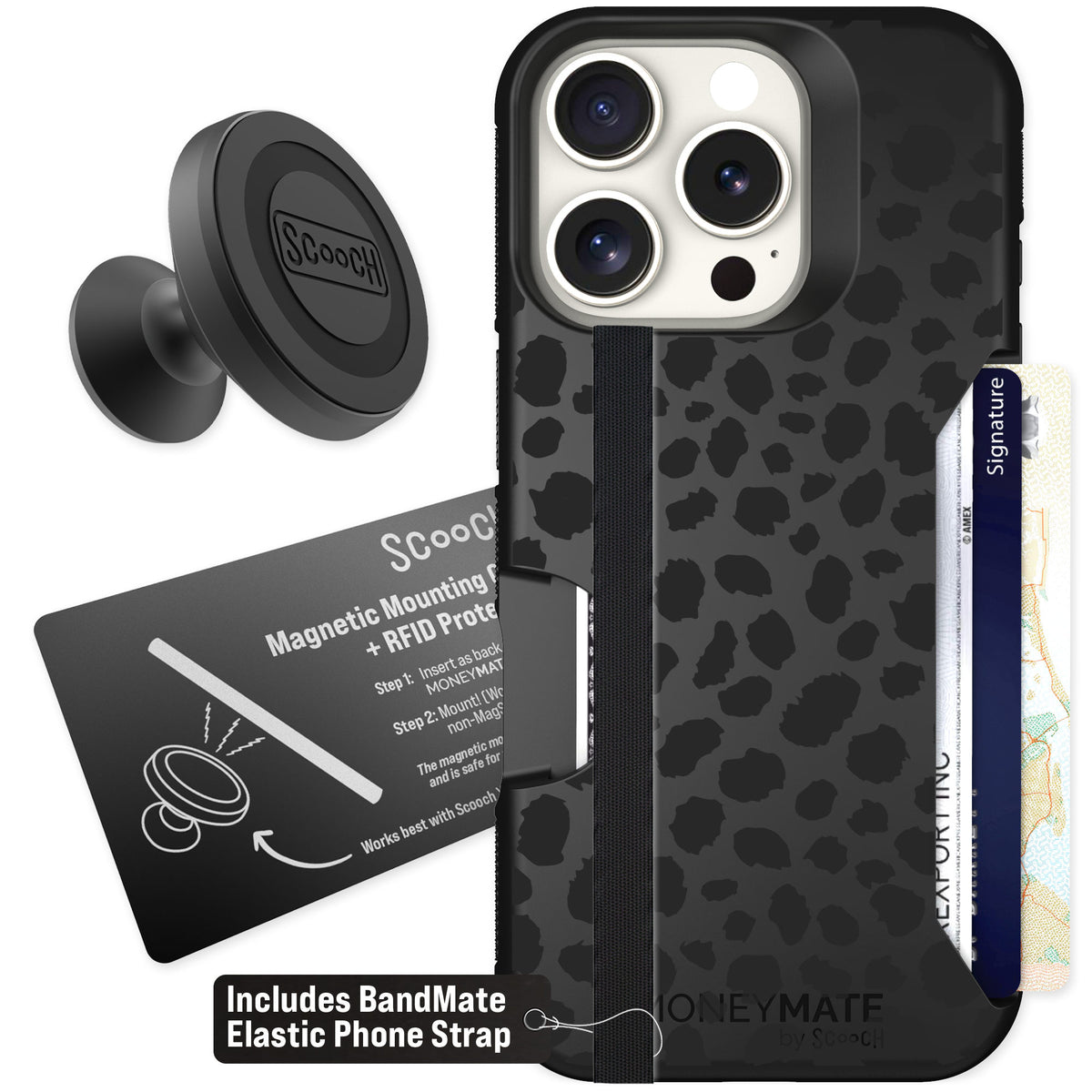 Scooch Moneymate Black Leopard for iPhone 16 Pro — Starter Bundle