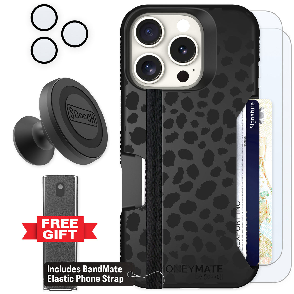 Scooch Moneymate Black Leopard for iPhone 16 Pro — Defender Bundle