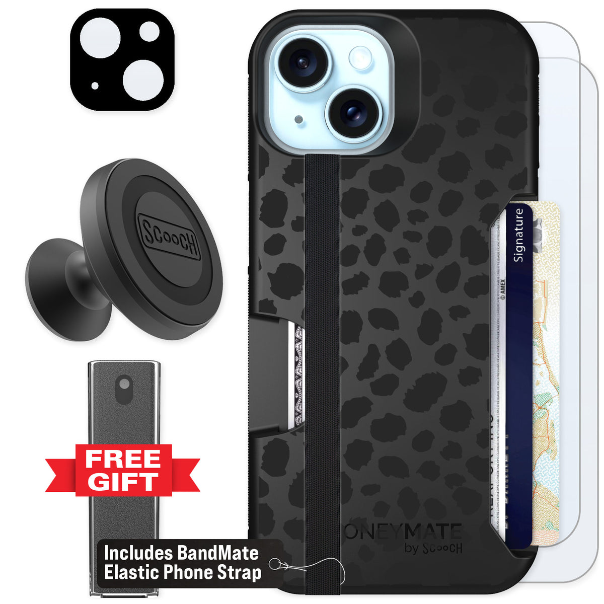 Scooch Moneymate Black Leopard for iPhone 13 — Defender Bundle