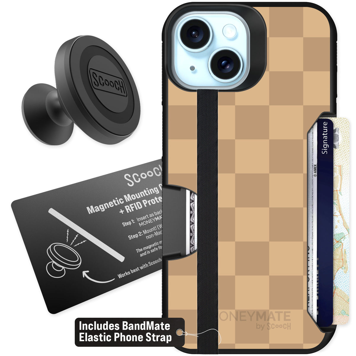 Scooch Moneymate Checkered Beige for iPhone 14 β Starter Bundle