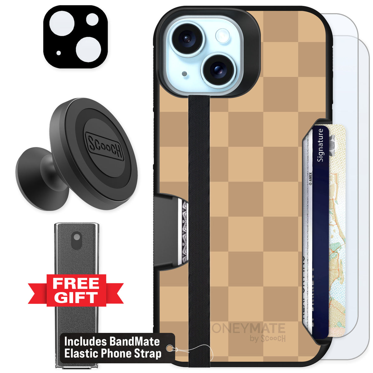 Scooch Moneymate Checkered Beige for iPhone 14 β Defender Bundle