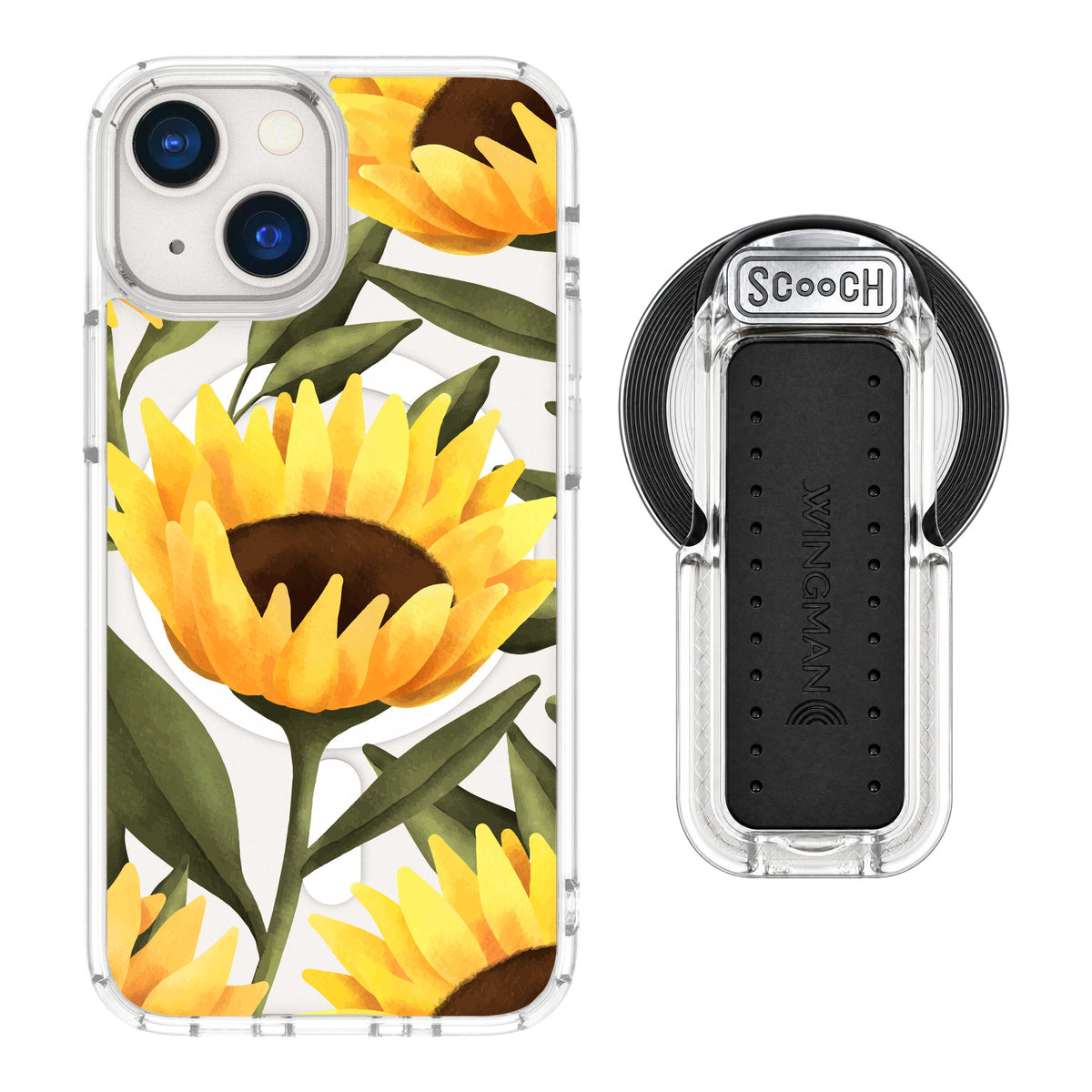 Scooch MagCase Blooming Sunflowers for iPhone 13 mini — MagSafe Wingback Bundle - Clear