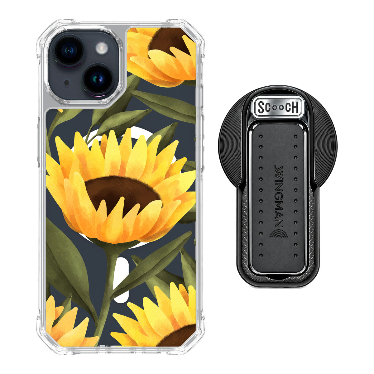 Scooch MagCase Blooming Sunflowers for iPhone 15 — MagSafe Wingback Bundle - Black