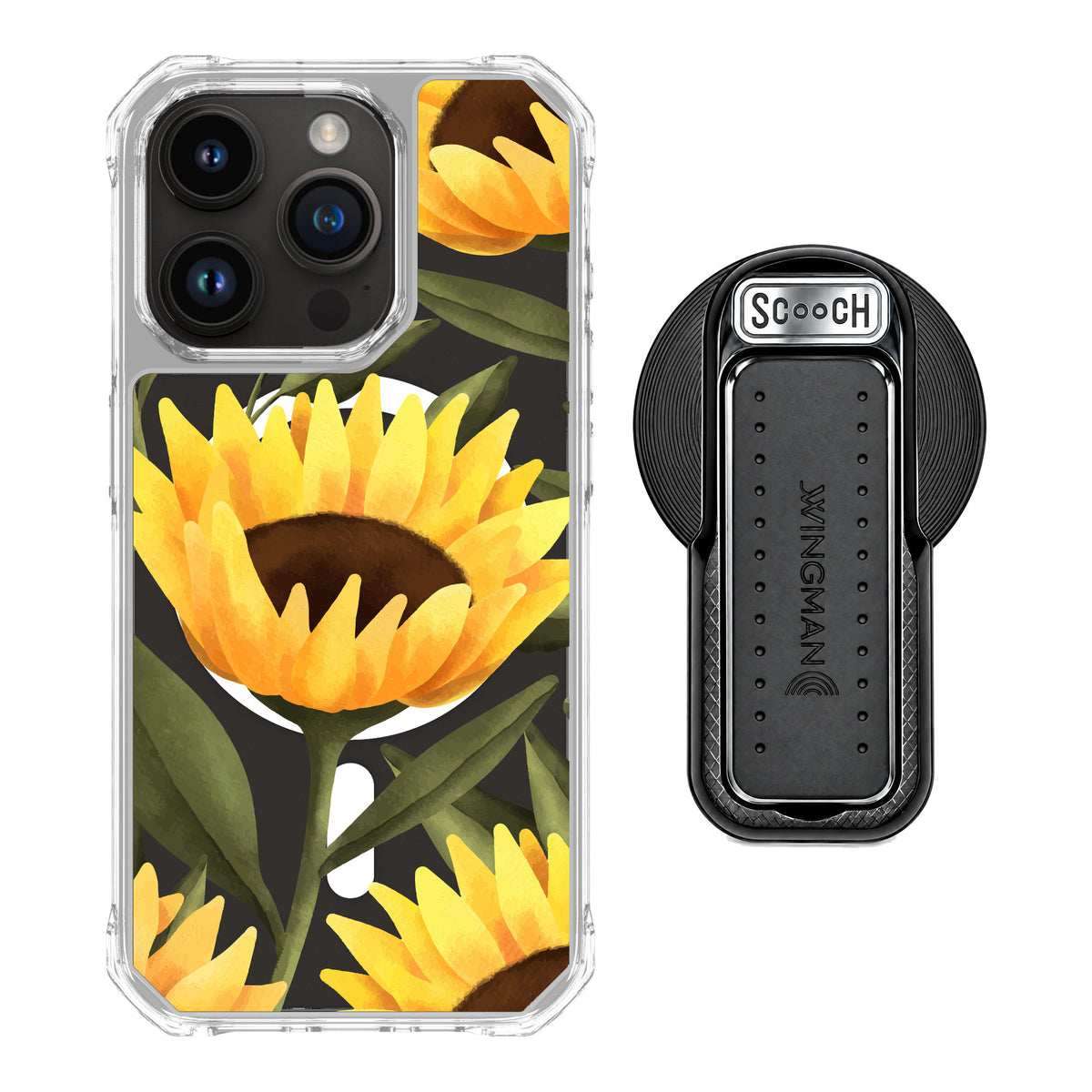 Scooch MagCase Blooming Sunflowers for iPhone 15 Pro — MagSafe Wingback Bundle - Black