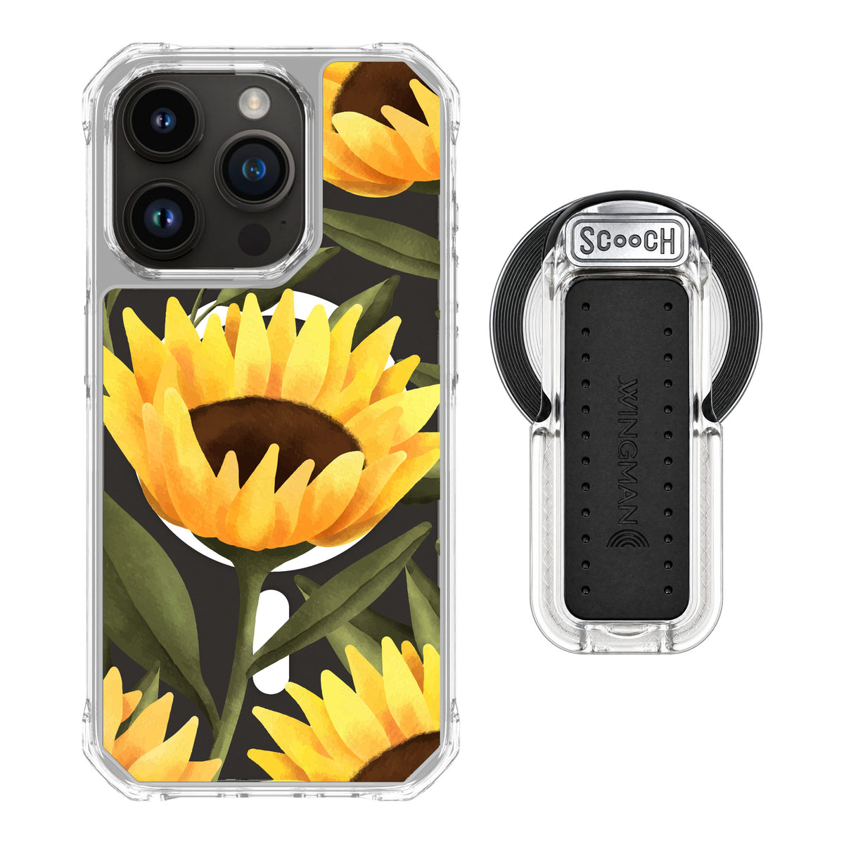 Scooch MagCase Blooming Sunflowers for iPhone 15 Pro — MagSafe Wingback Bundle - Clear