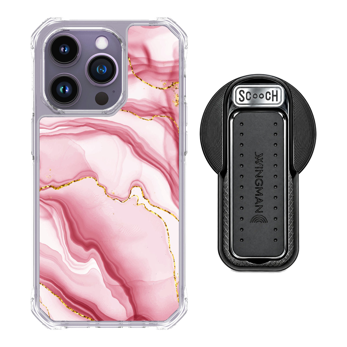 Scooch MagCase Blush Marble for iPhone 14 Pro — MagSafe Wingback Bundle - Black