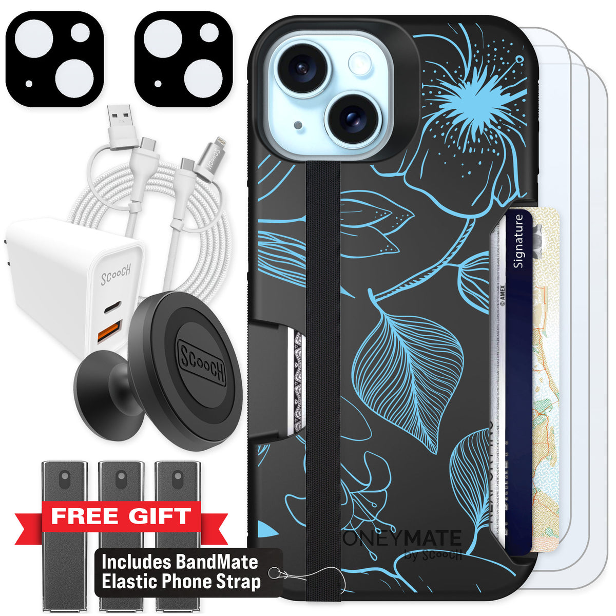 Scooch Moneymate Blue Hibiscus for iPhone 14 — Ultimate Bundle