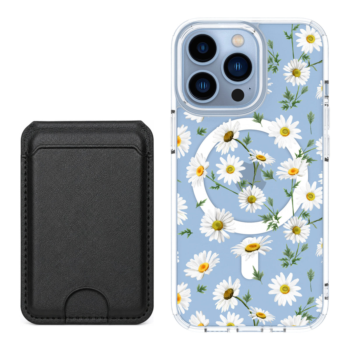 Scooch MagCase Daisies for iPhone 13 Pro — Black MagWallet Bundle