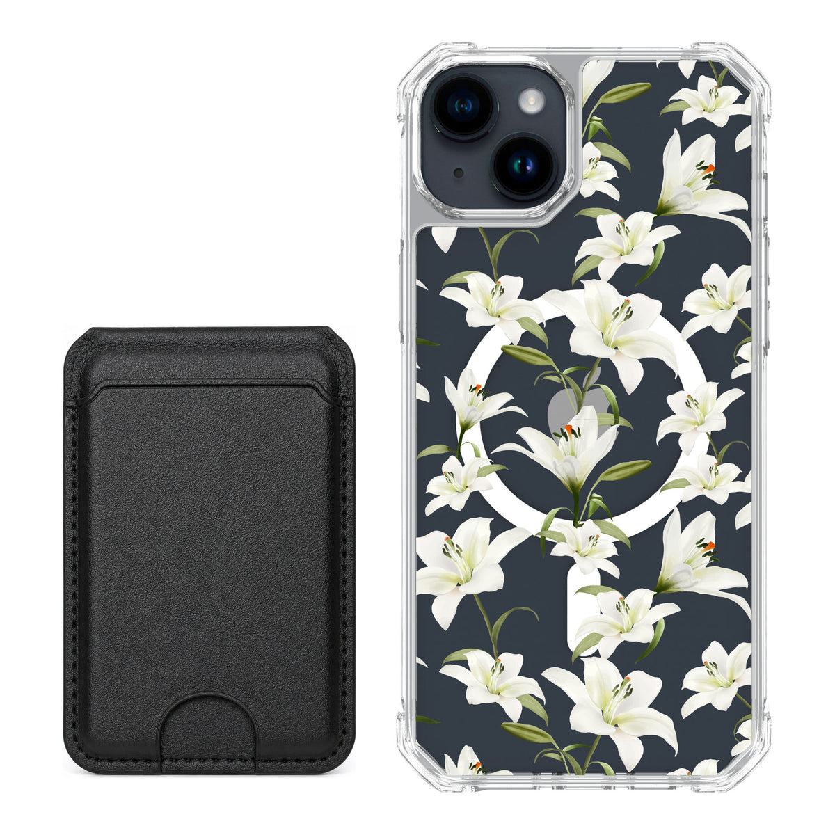 Scooch MagCase Lilies for iPhone 15 Plus — Black MagWallet Bundle
