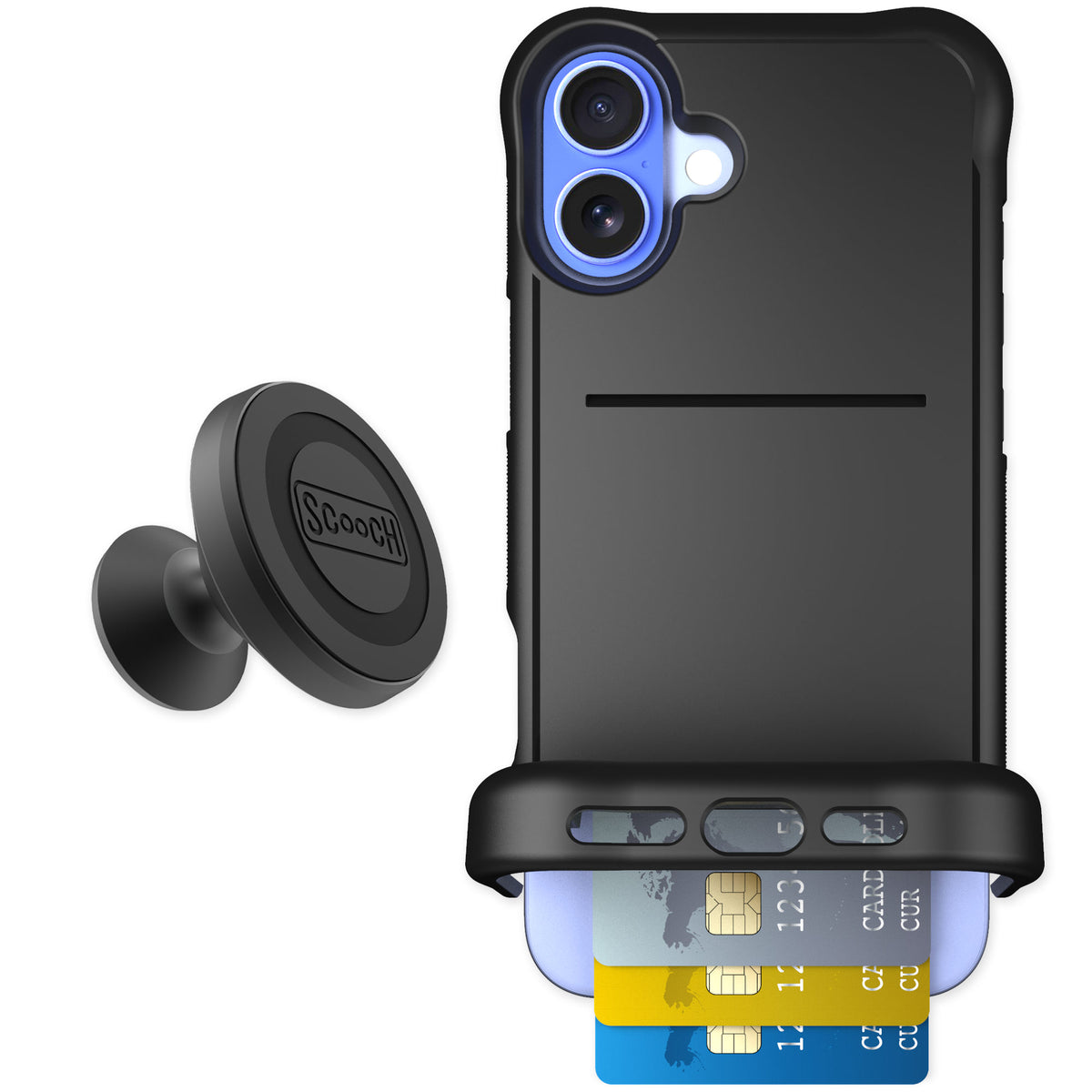 Scooch Wingmate Black for iPhone 16 Plus — Starter Bundle