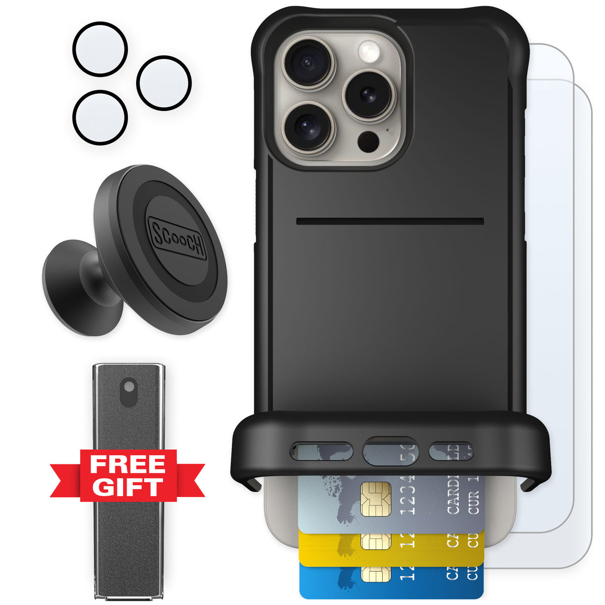 Scooch Wingmate Black for iPhone 15 Pro Max — Defender Bundle