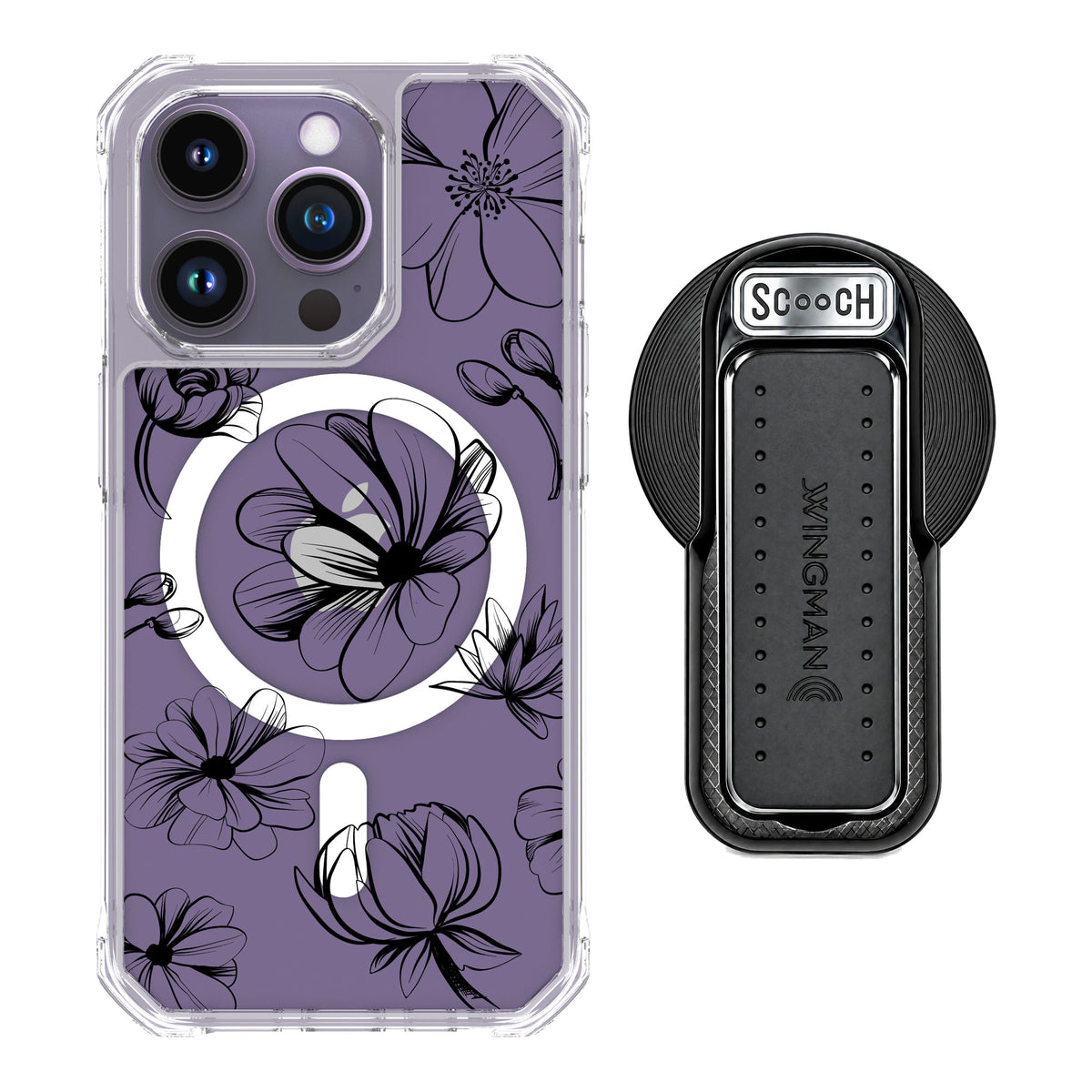 Scooch MagCase Vintage Flowers for iPhone 14 Pro — MagSafe Wingback Bundle - Black