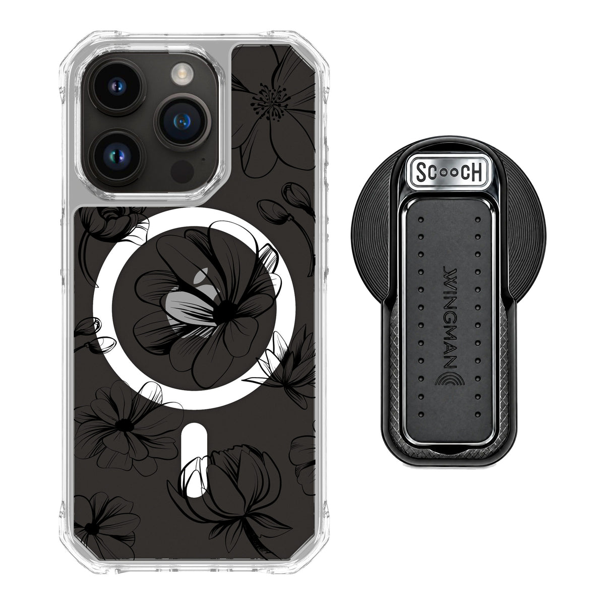 Scooch MagCase Vintage Flowers for iPhone 15 Pro — MagSafe Wingback Bundle - Black