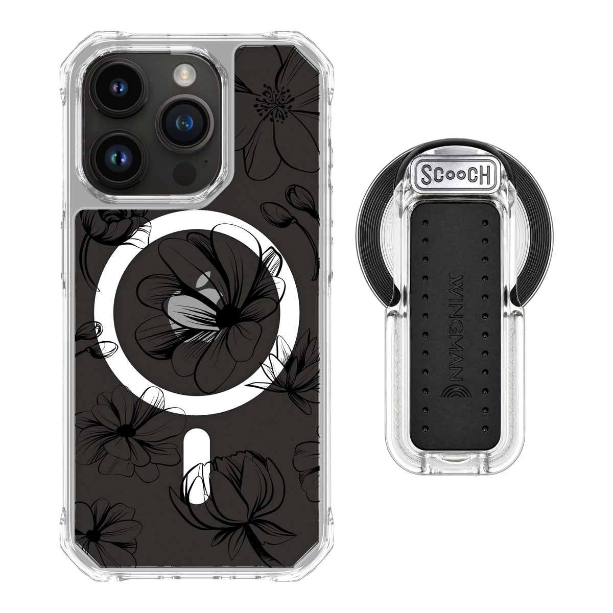 Scooch MagCase Vintage Flowers for iPhone 15 Pro — MagSafe Wingback Bundle - Clear