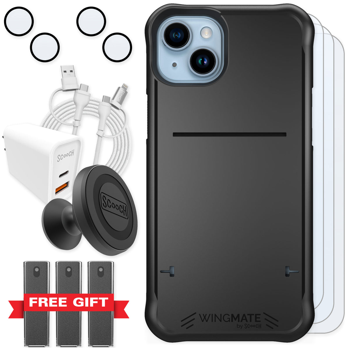 Scooch Wingmate Black for iPhone 14 Plus — Ultimate Bundle
