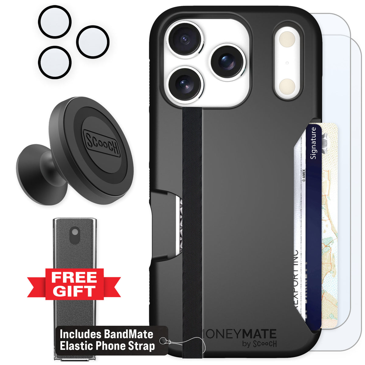 Scooch Moneymate Black for iPhone 17 Pro — Defender Bundle