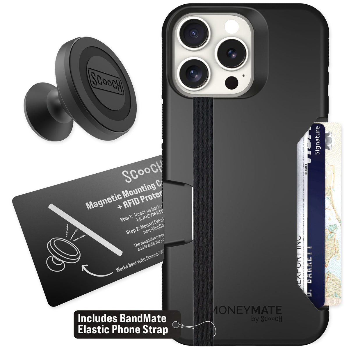 Scooch Moneymate Black for iPhone 16 Pro Max — Starter Bundle