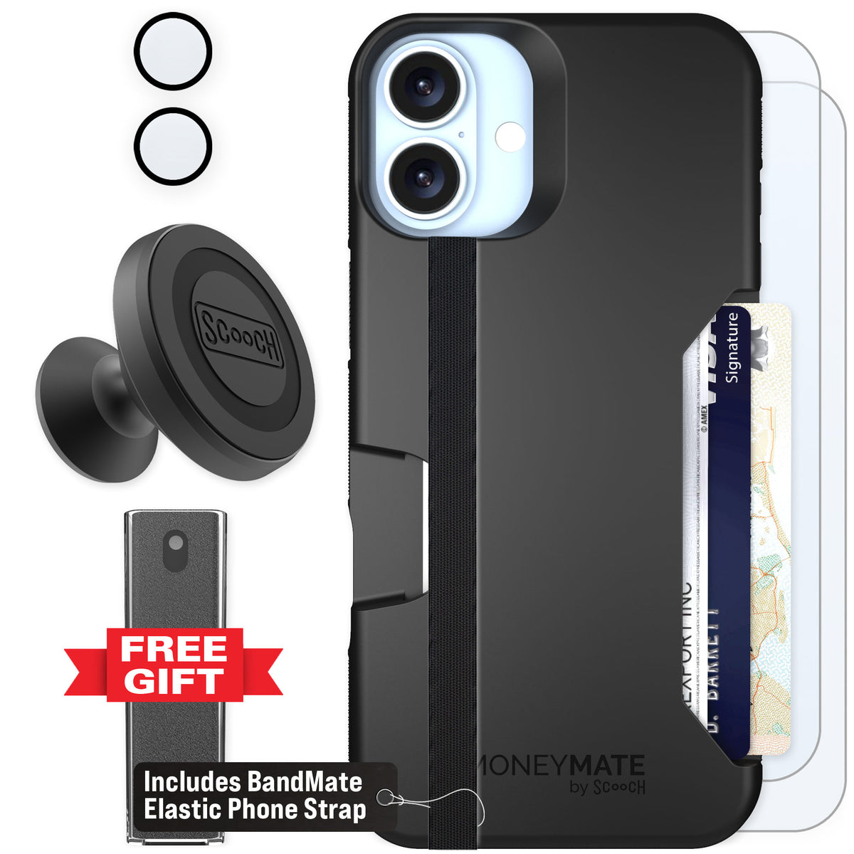 Scooch Moneymate Black for iPhone 16 Plus — Defender Bundle