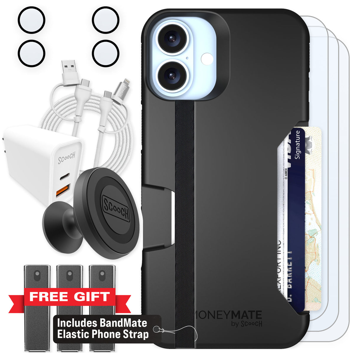 Scooch Moneymate Black for iPhone 16 Plus — Ultimate Bundle