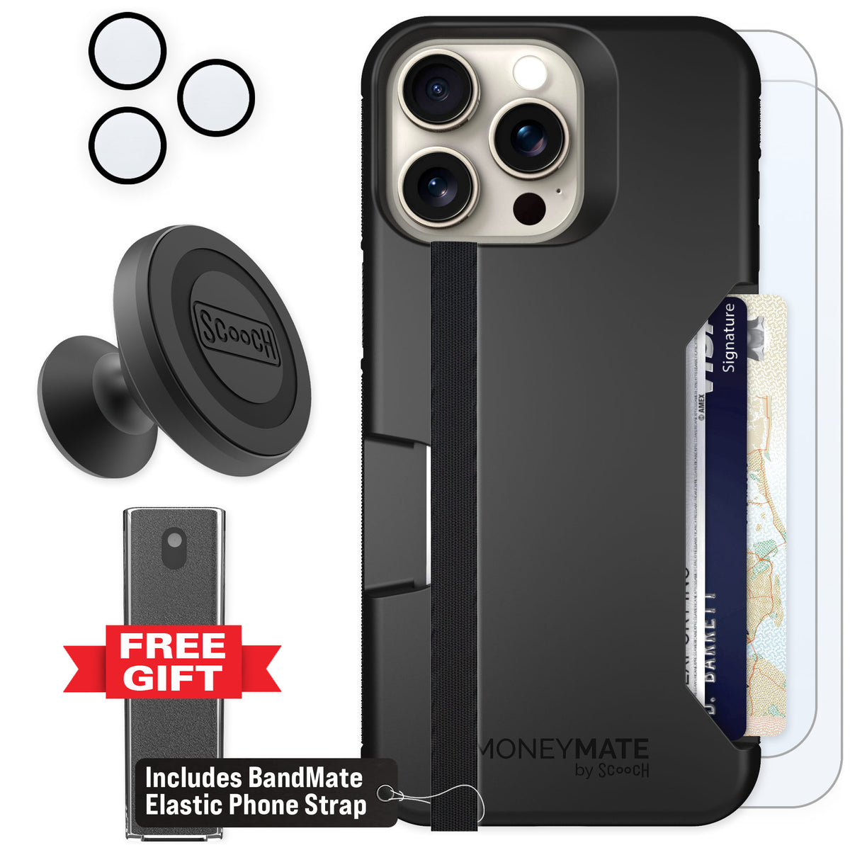 Scooch Moneymate Black for iPhone 15 Pro Max — Defender Bundle
