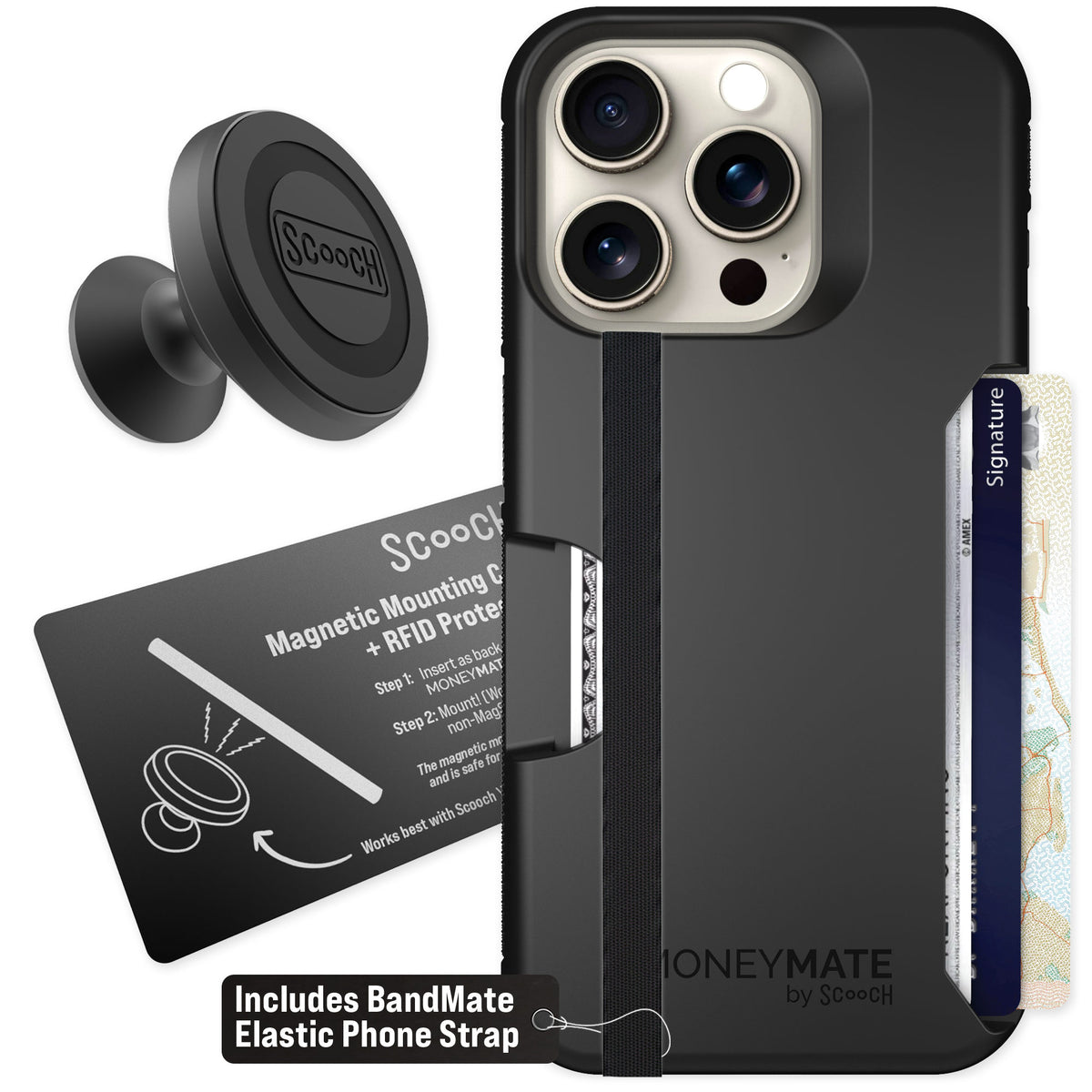 Scooch Moneymate Black for iPhone 15 Pro — Starter Bundle