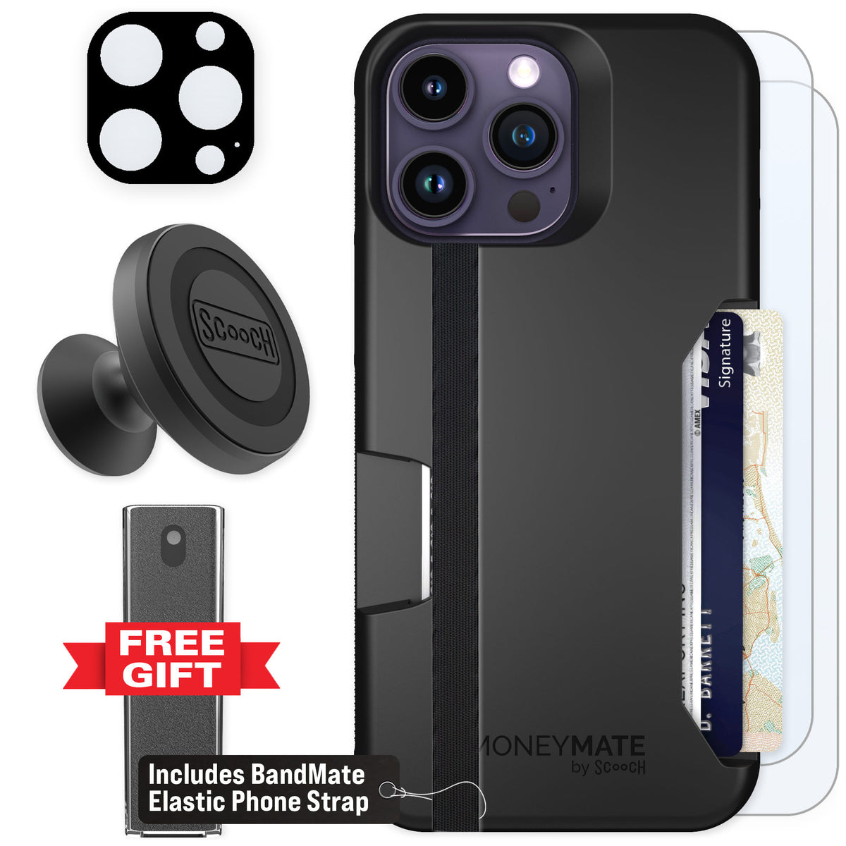 Scooch Moneymate Black for iPhone 14 Pro Max — Defender Bundle