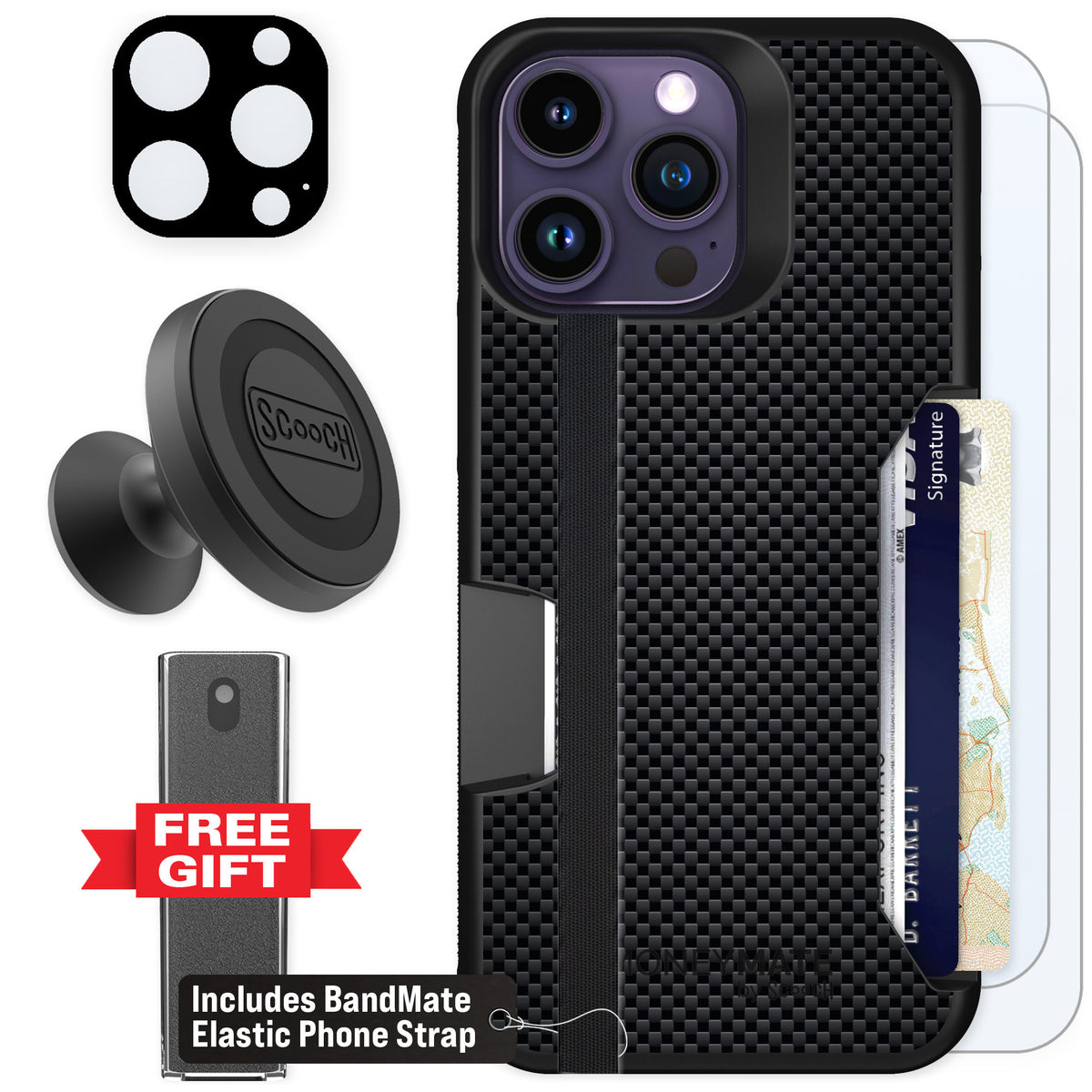 Scooch Moneymate Carbon Fiber for iPhone 14 Pro Max β Defender Bundle