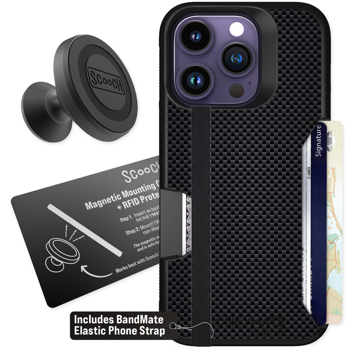 Scooch Moneymate Carbon Fiber for iPhone 14 Pro β Starter Bundle