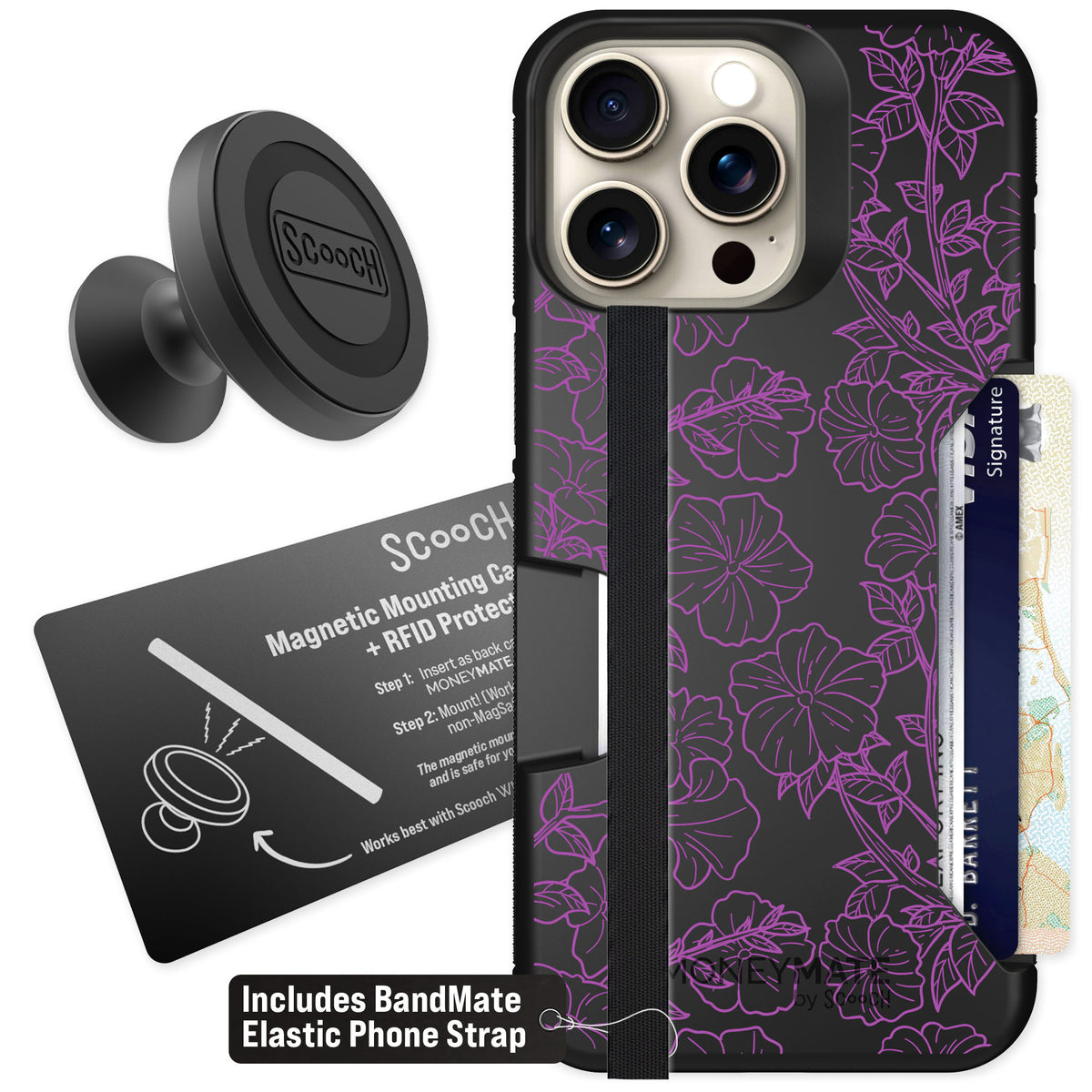 Scooch Moneymate Purple Petunias for iPhone 15 Pro Max — Starter Bundle