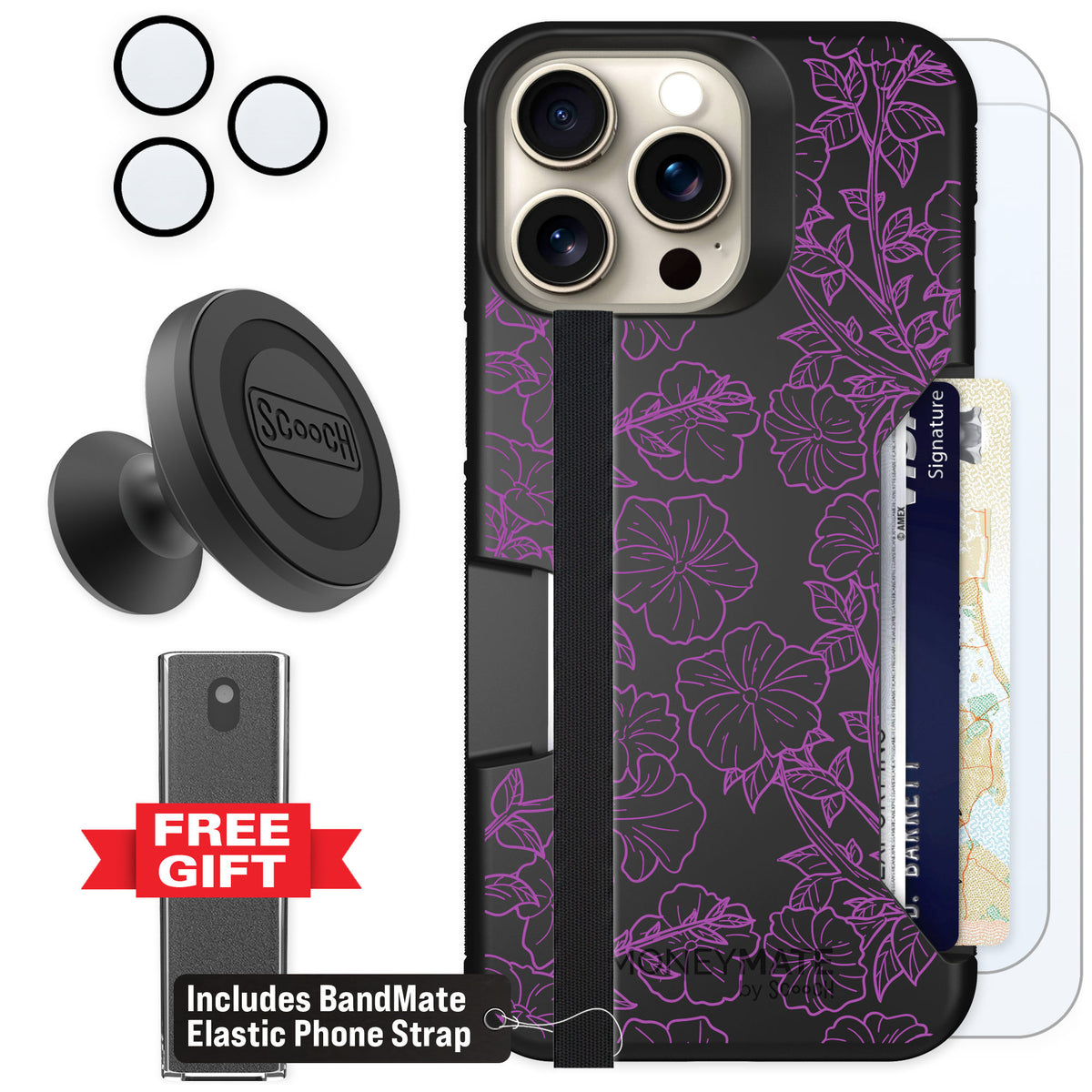 Scooch Moneymate Purple Petunias for iPhone 15 Pro Max — Defender Bundle