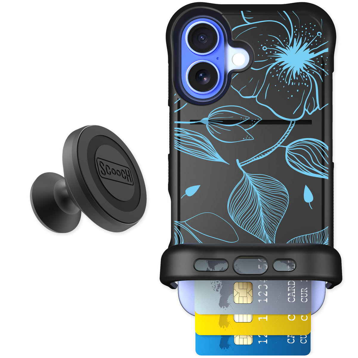 Scooch Wingmate Blue Hibiscus for iPhone 16 — Starter Bundle