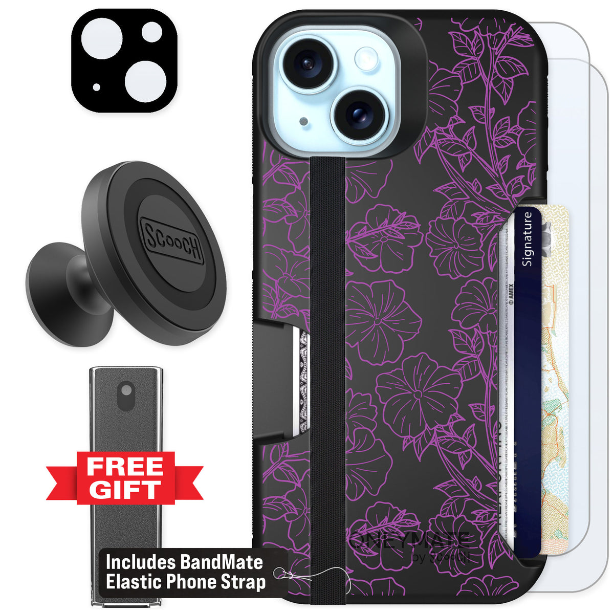 Scooch Moneymate Purple Petunias for iPhone 13 — Defender Bundle