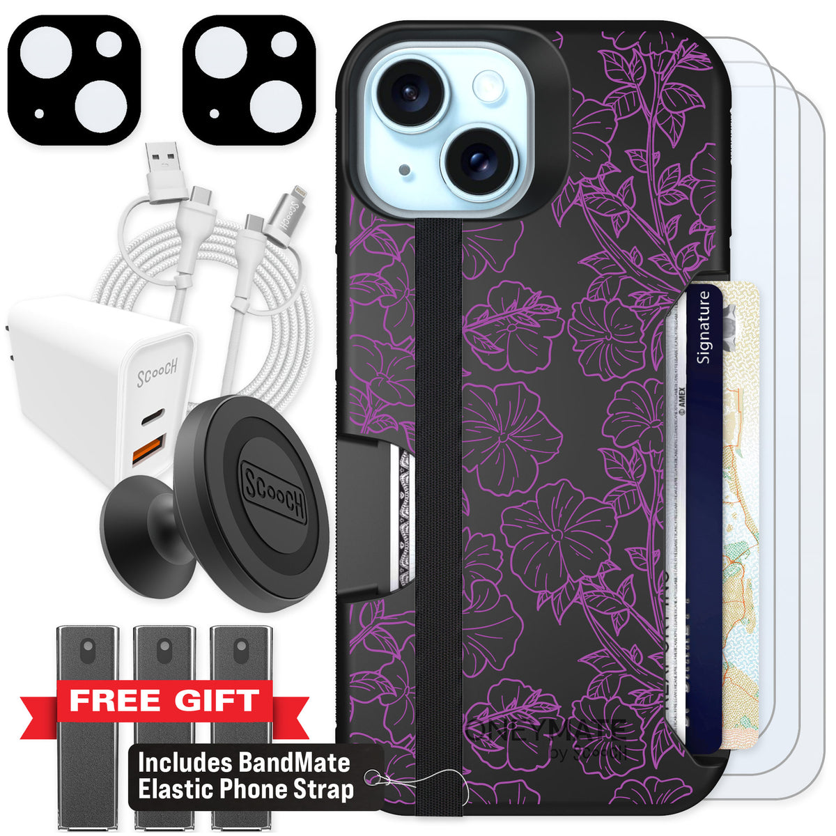 Scooch Moneymate Purple Petunias for iPhone 13 — Ultimate Bundle