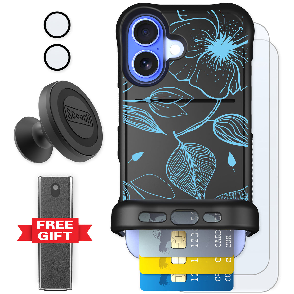 Scooch Wingmate Blue Hibiscus for iPhone 16 — Defender Bundle