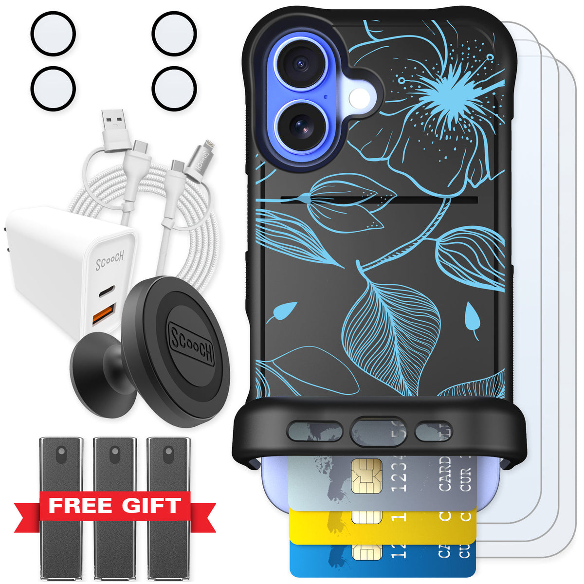 Scooch Wingmate Blue Hibiscus for iPhone 16 — Ultimate Bundle