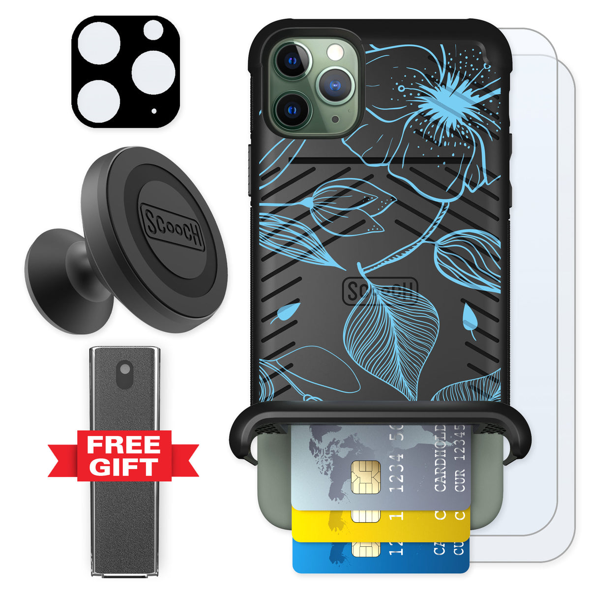 Scooch Wingmate Blue Hibiscus for iPhone 11 Pro Max — Defender Bundle