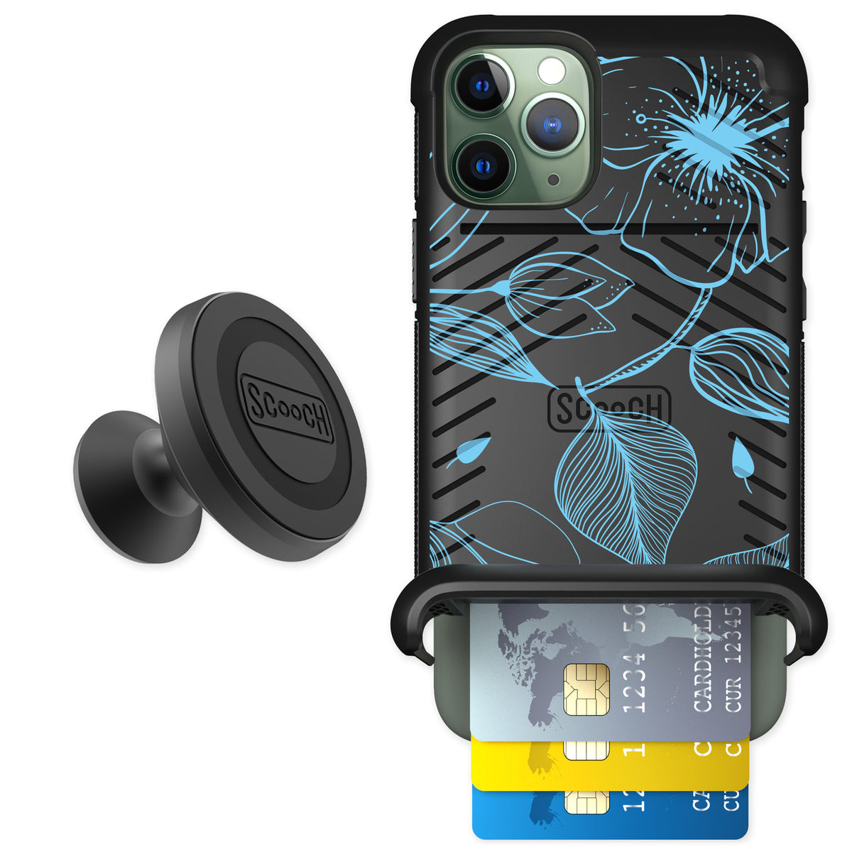 Scooch Wingmate Blue Hibiscus for iPhone 11 Pro — Starter Bundle